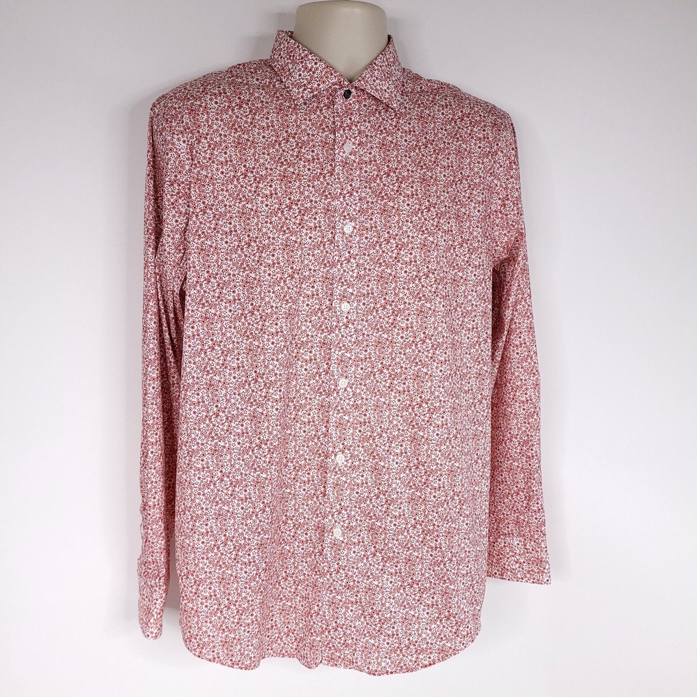 Psycho Bunny Men's Size Large Long Sleeve Button Down Shirt Red Pink Floral Slim